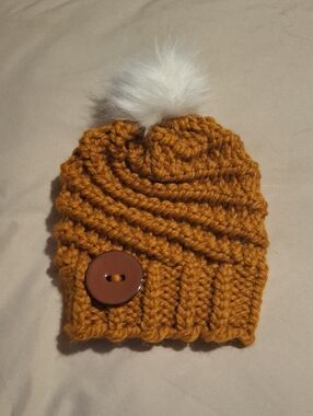 Handknit Caramel Wool Spiral Hat With Faux Fur Pompom